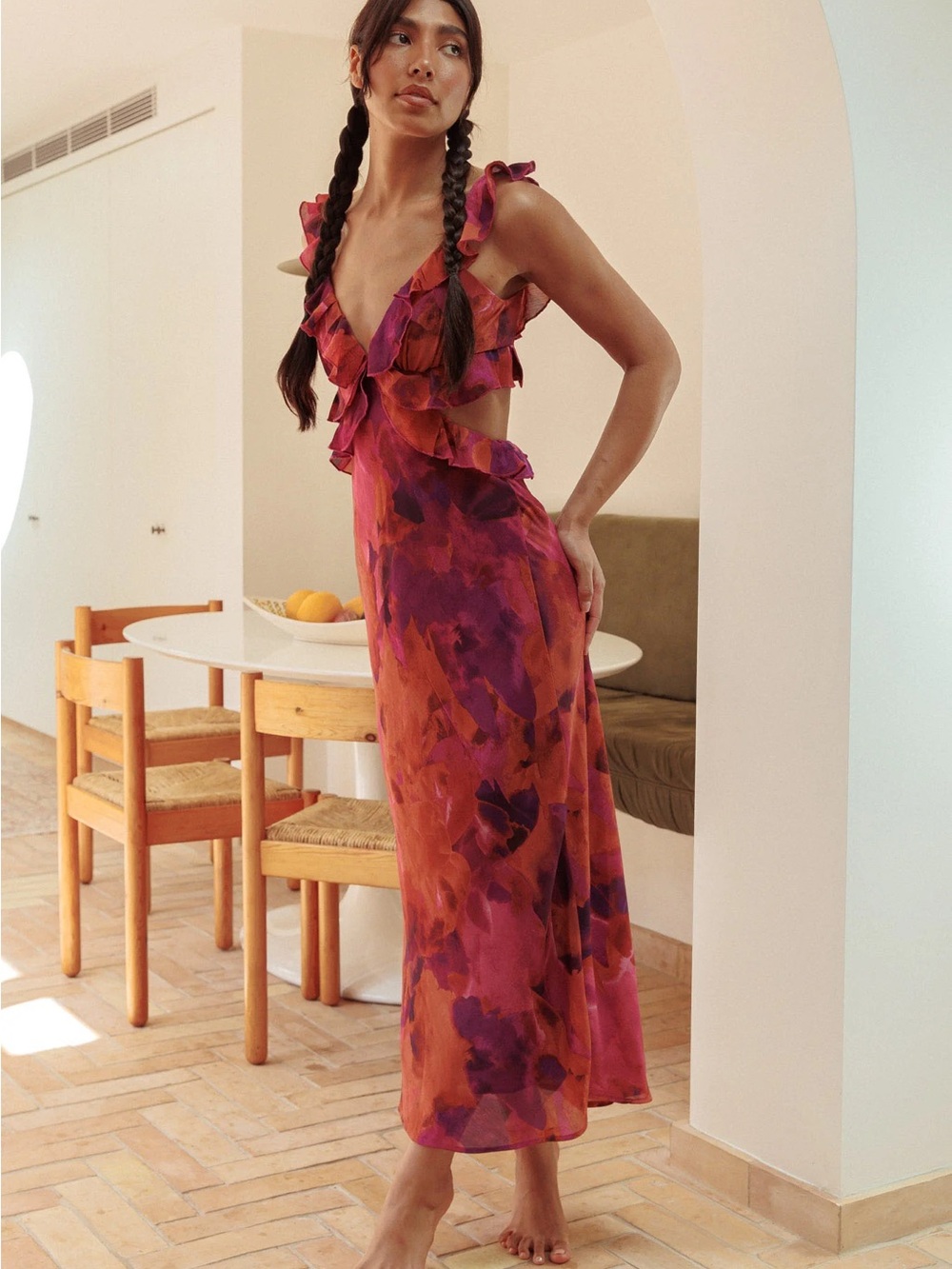 Alice + Olivia Pink and Orange Ruffle-Trim Maxi Dress